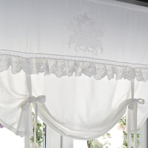 Gloria weiss bestickt Raffgardine Raffrollo 180cm Breite x 120cm Länge Gardine Raffrollo Landhaus Shabby Chic Vintage Leinen Baumwolle