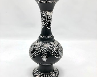 Handmade Persian Vase Curio | Home Décor | Etched Handicraft | Collectable | Bidriware Sterling Silver inlay