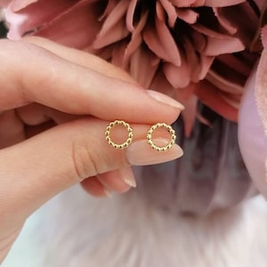 Delicate circle stud earrings gold, stainless steel, round earrings