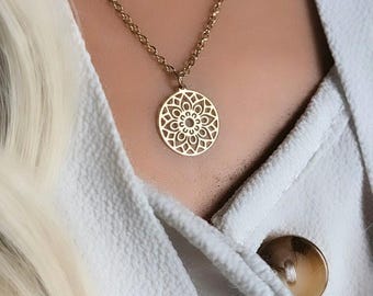 Mandala Necklace Gold, Mandala of Happiness, Stainless Steel
