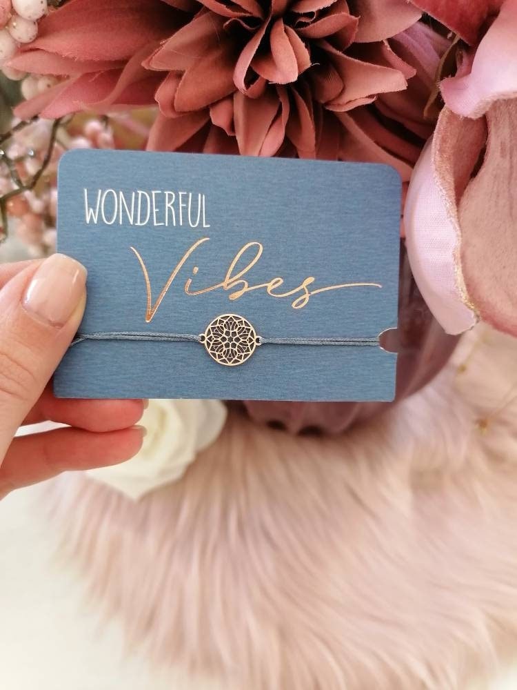 Mandala of Joy bracelet rose gold made of stainless steel with grey cotton cord and macrame knot clasp
