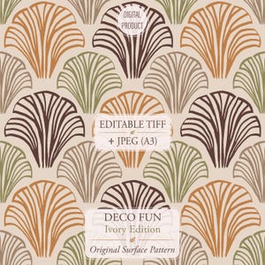Könnte beinhalten: Ein sich wiederholendes Oberflächenmuster mit stilisierten fächerförmigen Motiven in Braun-, Olivgrün- und Beigetönen. Die Texteinblendungen umfassen DIGITAL PRODUCT, EDITABLE TIFF + JPEG (A3), DECO FUN Ivory Edition und Original Surface Pattern.