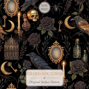 May include: A digital surface pattern featuring black roses, gold ornate mirrors, ravens, crescent moons, keys, candles, glass potion bottles, a skull, and a gothic mansion on a black background with the text GILDED NOCTURNE Original Surface Pattern.