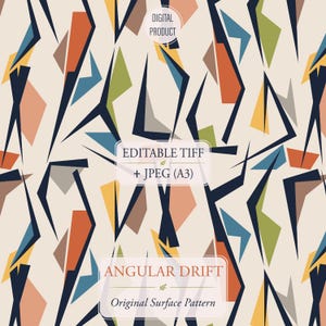 Könnte beinhalten: Ein digitales Oberflächenmuster mit dem Titel ANGULAR DRIFT, das ein sich wiederholendes geometrisches Design aus scharfen, dunkelblauen Linien und bunten Formen in Orange, Gelb, Blaugrün und Hellbraun auf cremefarbenem Hintergrund zeigt. Enthält Text: DIGITAL PRODUCT, EDITABLE TIFF + JPEG (A3), ANGULAR DRIFT, Original Surface Pattern.