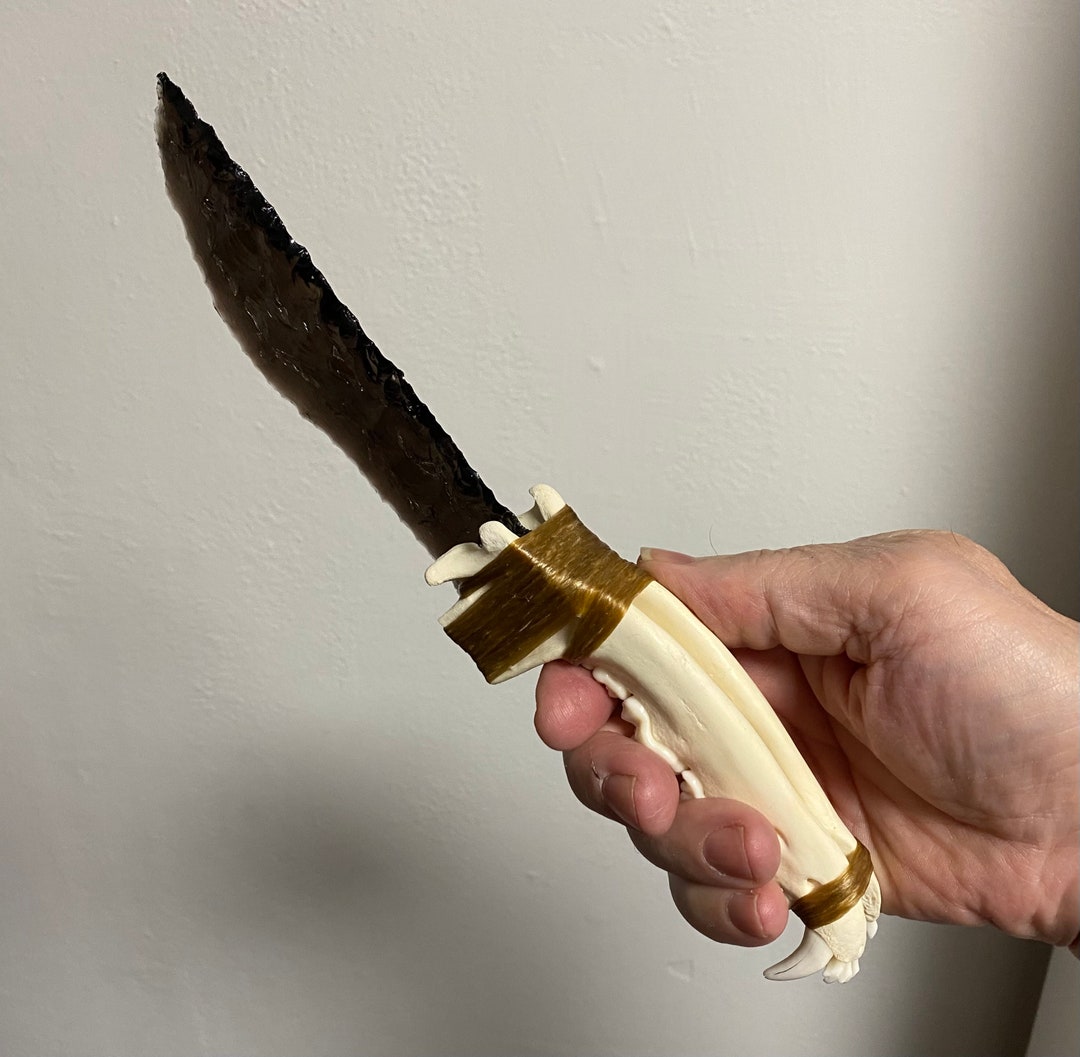 Flint Knapped Jawbone Jaw Bone Knife Midnight Lace Obsidian Blade on