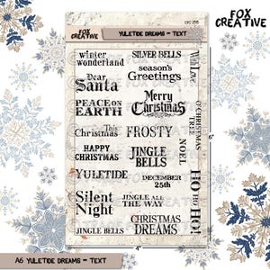 May include: A rectangular card with Christmas-themed text in various fonts. Phrases include "Merry Christmas," "Silent Night," and "Jingle Bells." The card is approximately 4 inches wide and 6 inches tall. The background is a distressed, off-white color with snowflake accents.
