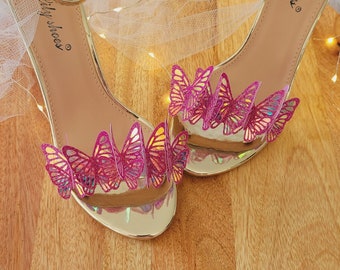 Fuchsia Opal Butterfly Garland Shoe Clips, Glitter Butterflies, wedding shoe clips, Bachelorette party, bride shoes
