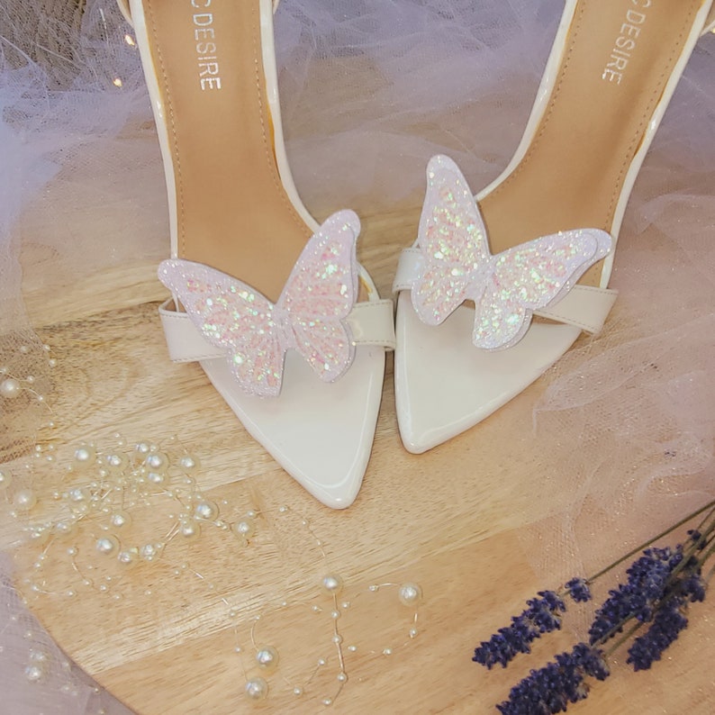 Glitter Butterfly shoe clips, holographic white glitter butterflies, Bride shoe clips, wedding shoe, Mother of the Bride image 1