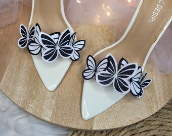 Butterfly Garland Shoe Clips, Glitter Butterflies, wedding shoe clips, bridal shoe clips, roller skate clips, black and white butterfly