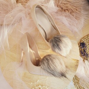 Silver Fox Pom Pom Shoe Clips, Fur Shoe Clips, Faux Fur accessories for Shoes, Grey pom poms