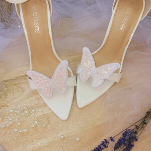 Glitter Butterfly shoe clips, holographic white glitter butterflies, Bride shoe clips, wedding shoe, Mother of the Bride image 10