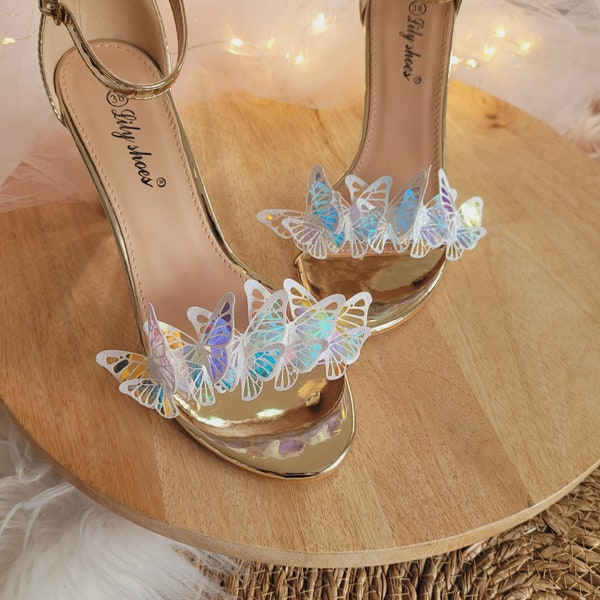 Clip per scarpe ghirlanda di farfalle opali, farfalle glitter bianche, clip per scarpe da sposa, clip per scarpe da sposa, scarpe da sposa