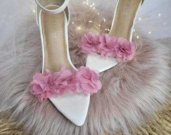 Polvo rosa flor peonía pom pom zapatos clips, flores de gasa, flores de tul, zapato de boda, clips de zapatos de novia