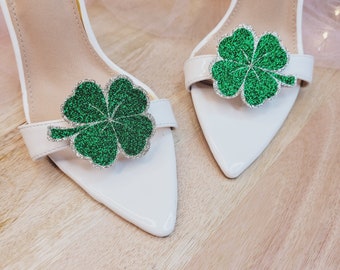 Trébol de San Patricio, trébol de hojas, clips para zapatos de buena suerte, clips para zapatos con purpurina, símbolo irlandés, regalos de la suerte, trébol con purpurina