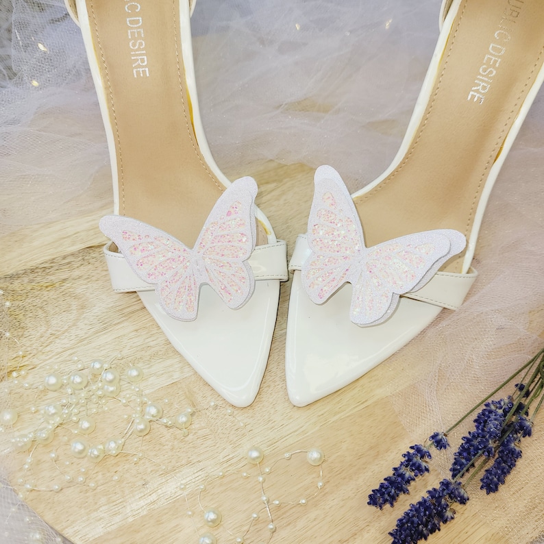 Glitter Butterfly shoe clips, holographic white glitter butterflies, Bride shoe clips, wedding shoe, Mother of the Bride image 4