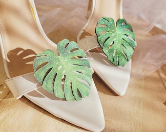 Clips de chaussures de feuille de Monstera, accessoires de chaussures, feuille de palmier, chaussure tropicale, feuille hawaïenne, feuille de palmier, feuille de paillettes