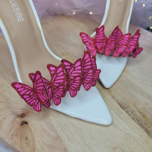 Red and fuchsia Butterfly Garland Shoe Clips, Berry Hot Pink glitter Butterfly, wedding shoe clips, bridal shoe clips