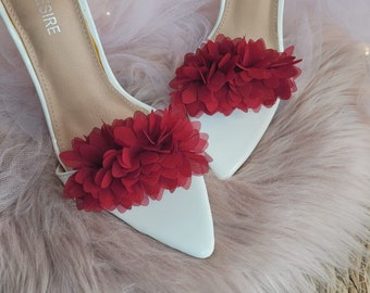 Burgundy Pom Pom Shoe Clips, Flower Shoe Clips, chiffon flowers, pom poms, peony, Tulle flowers