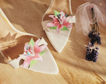 Pinzas para zapatos con forma de lirio de flores, pinzas para zapatos con flores, accesorios para bodas, pinzas para zapatos de novia, zapatos con flores, pinzas para zapatos con purpurina, pinzas para zapatos de novia
