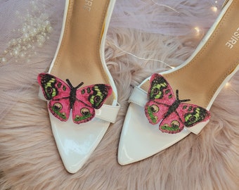 Pink Peacock Butterfly shoe clips, glitter butterflies, Bride shoe clips, wedding shoe, pink butterfly shoe clips