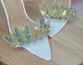 Holo gold Butterfly Garland Shoe Clips, Glitter Butterflies, wedding shoe clips, bridal shoe clips, skate clips, bride shoes , sandals