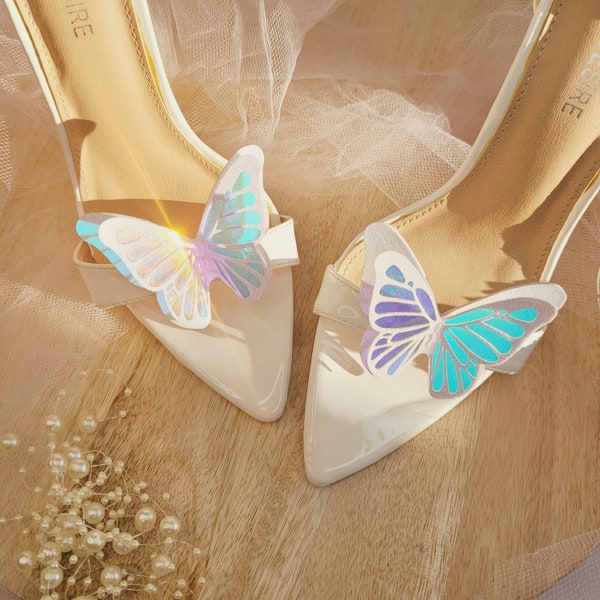 Papillon blanc opale, pinces à chaussures de mariage, accessoires de chaussures à paillettes, ailes de papillon, chaussure de mariée