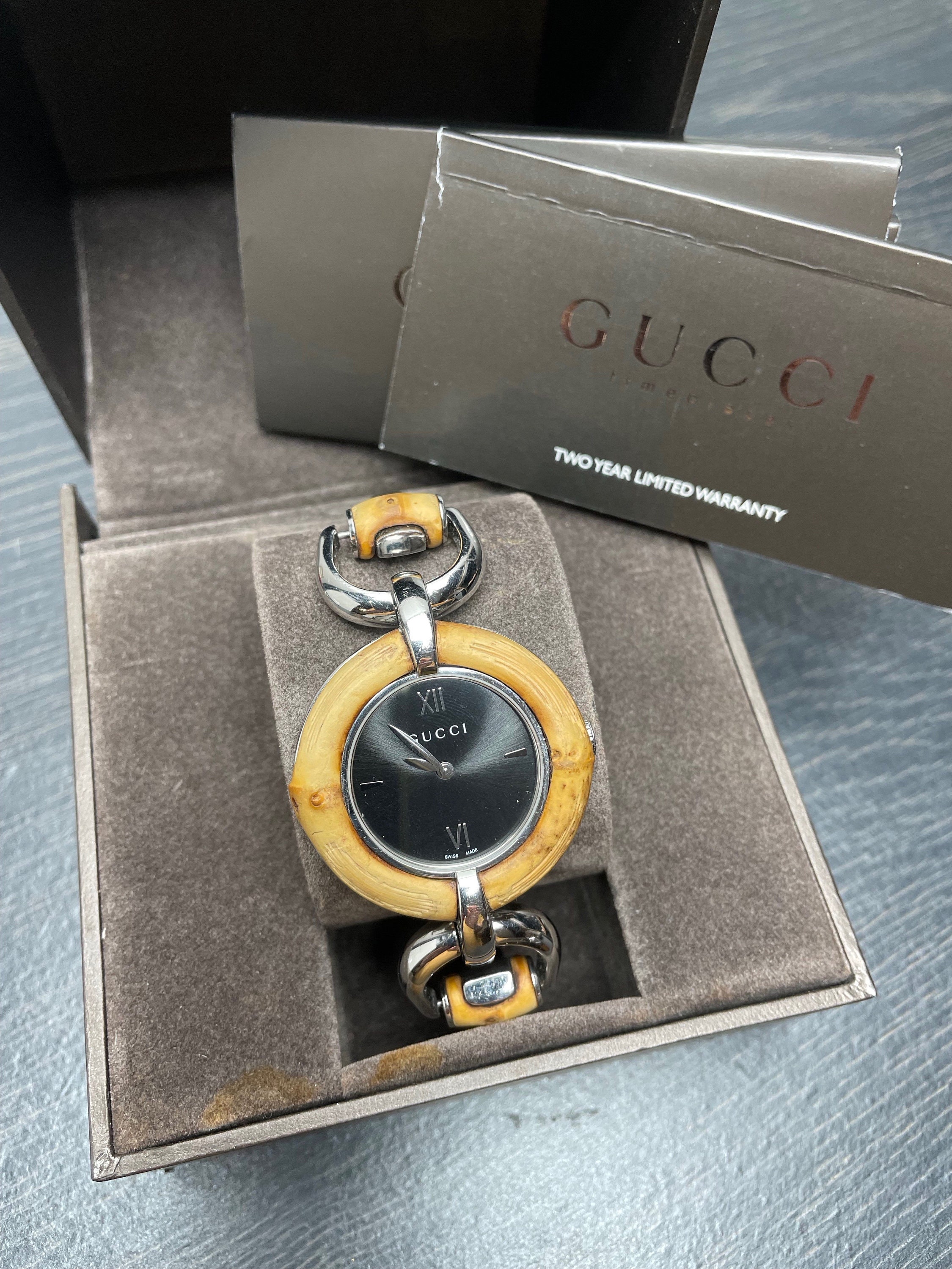 Vintage Gucci Wrist Watch Large Dial Swiss Checked Wide Bracelet