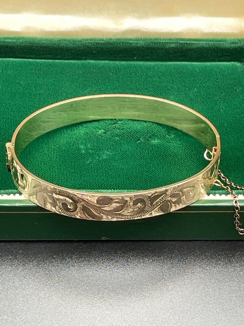 Vintage 50 Micron 9ct Rolled Gold Bangle Bracelet Hinges Safety Chain