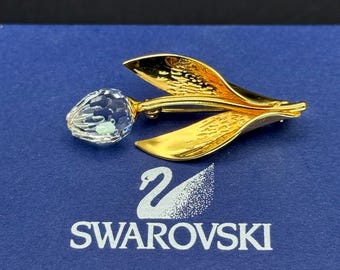 Swarovski Gold Tone Crystal Tulip Brooch Ornate Fine Austrian