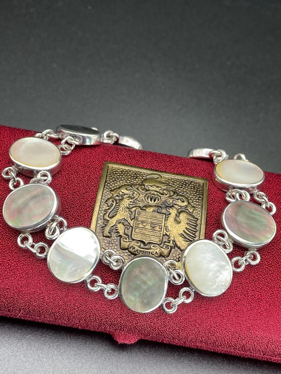 Vintage Abalone Bracelet 925 Sterling Silver Mother of Pearl Link Solid Silver Boxed
