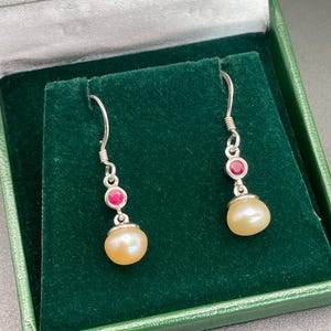Silver Ruby Pearl Silver earrings Dropped Dangle Genuine Pearls Gemstone Solid silver For Women Gift for her Gift for birthday