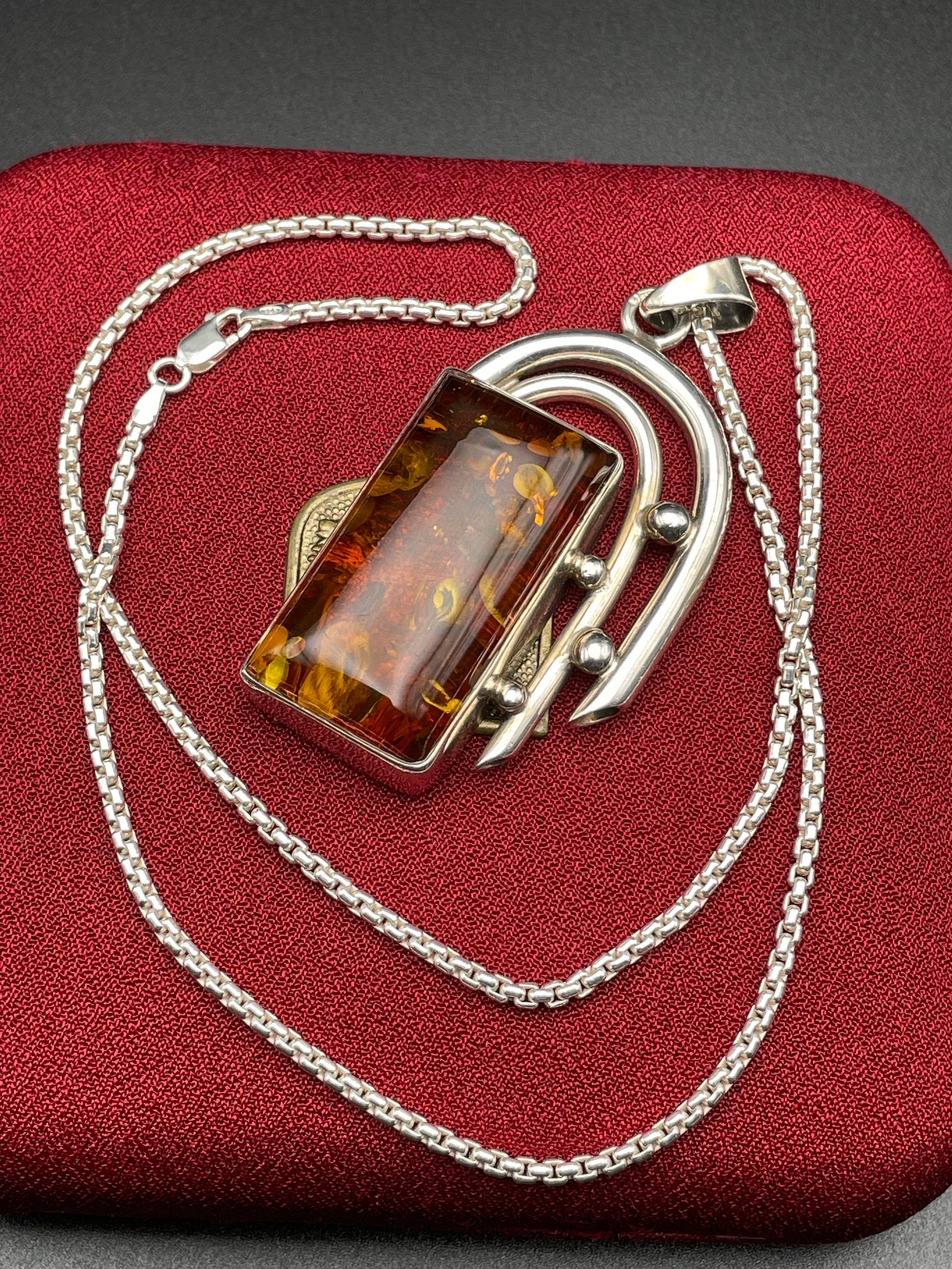 Collier Argent Sterling 950 Avec Pendentif Ambre | Ancien, Bon état, Pièce Unique