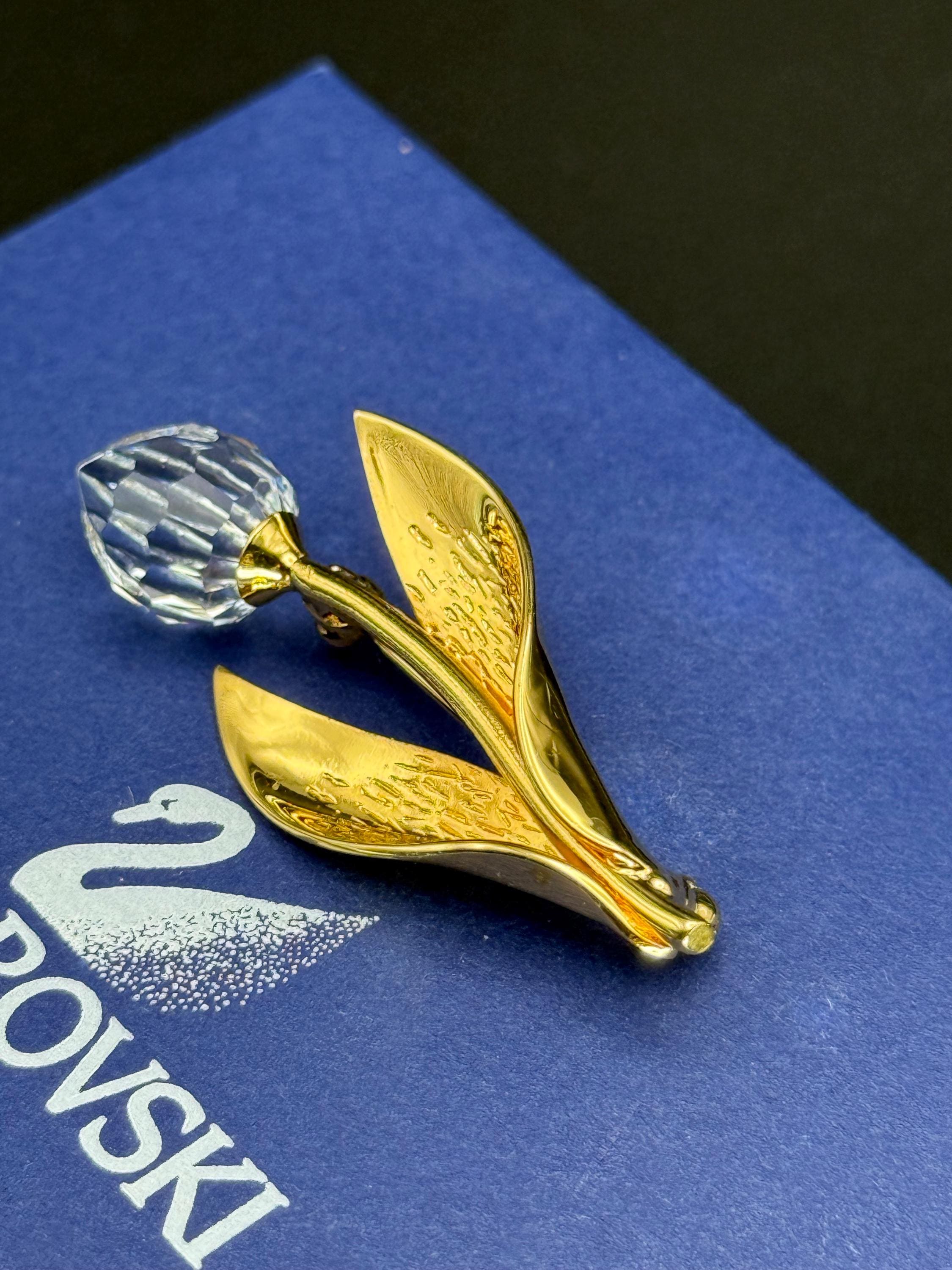 Swarovski Gold Tone Crystal Tulip Brooch Ornate Fine Austrian