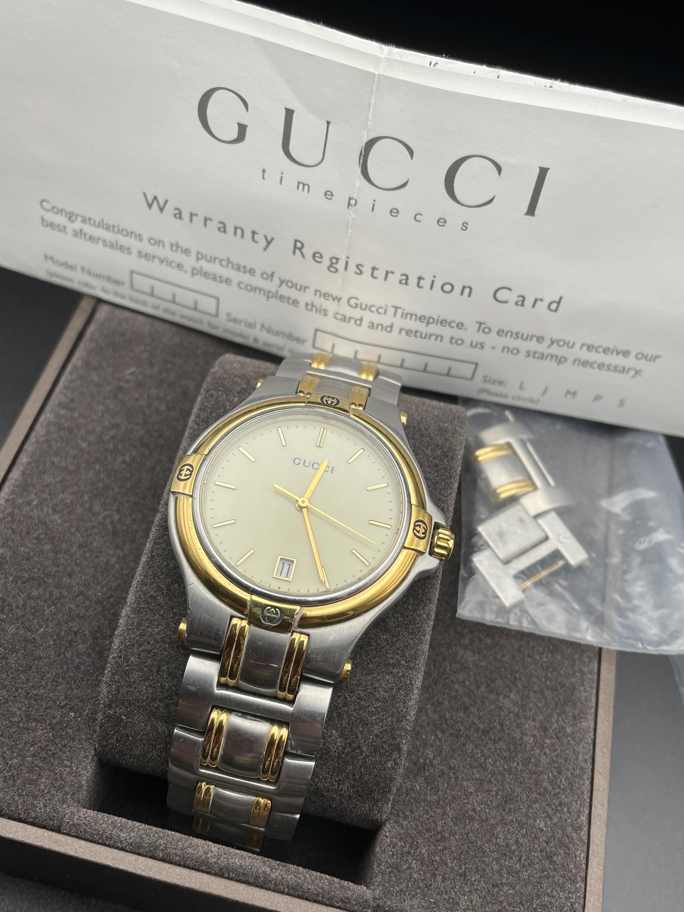 GUCCIグッチメンズ 腕時計ゴールドクォーツ 不動品 箱 余りコマヴィンテージ ヴィンテージ グッチ メンズ腕時計、ゴールドメッキステンレススチール