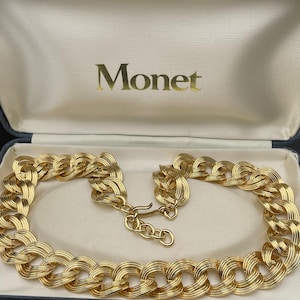 Vintage Monet ketting dames goudkleurige dubbele hoops ketting statement dik groot cadeau voor haar verjaardag Valentijnsdag cadeau kerst