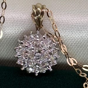 Vintage 9ct White and Yellow Gold Diamonds charm with chain Pendant Solid Gold Ornate Hallmarked London Women  Birthday Wedding Anniversary