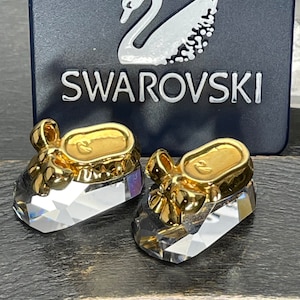 Vintage Christening Baby boots Figurine Swarovski gift Austria Splendid Sparkling Crystal Gold tone metal Boxed in original box