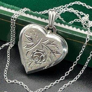 Antique Solid Silver Heart locket with chain Sterling Pendant Necklace Double photo Engraved Ornate Women Ladies Valentines Birthday Gift