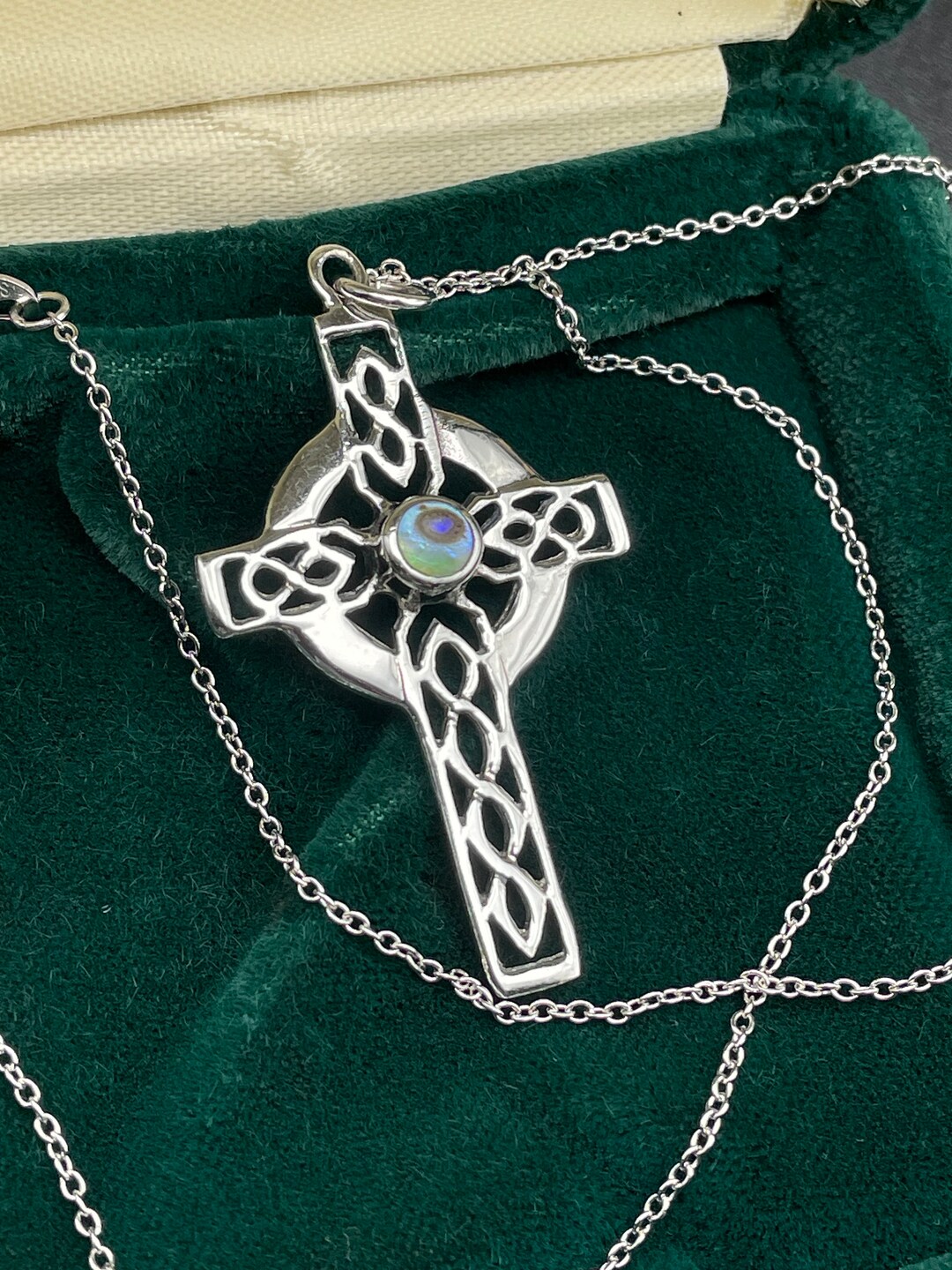 Vintage Sterling Silver Celtic Cross Pendant Necklace, Mother of Pearl ...
