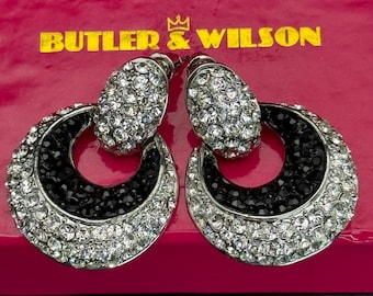 Vintage Butler & Wilson Rhinestone Earrings, Silver Tone Hoops Hallmarked Boxed Original box Cocktail Dangle