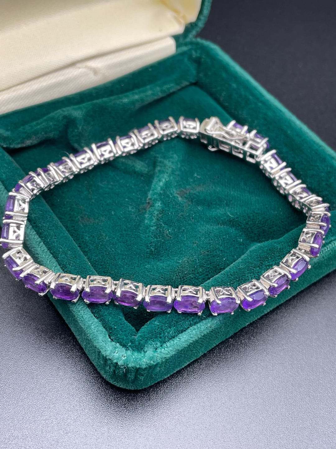 Amethyst Gemstones Tennis Bracelet: Vintage 925 Sterling Silver Link ...