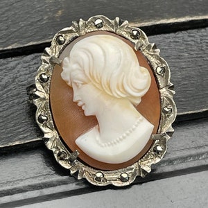 Vintage Silver Cameo Brooch: Hand-Carved Mother of Pearl, Marcasite Accent