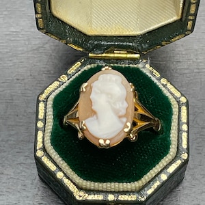 9ct Solid Gold ring Antique Vintage Cameo ring Hand carved Mother of pearl Ornate Rare Woman Hallmarked Birthday Wedding Christmas