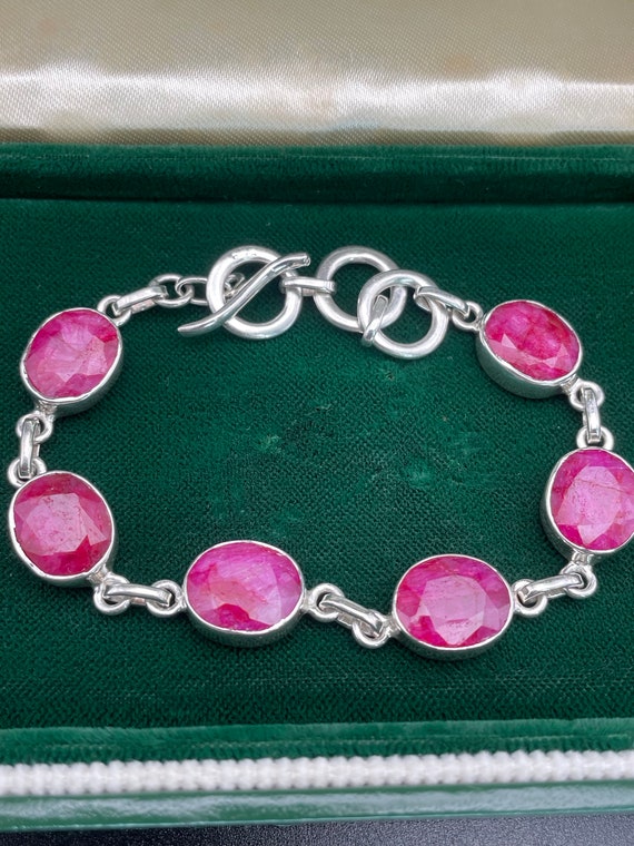 Vintage Ruby Paste Gemstone Bracelet, Sterling Si… - image 1