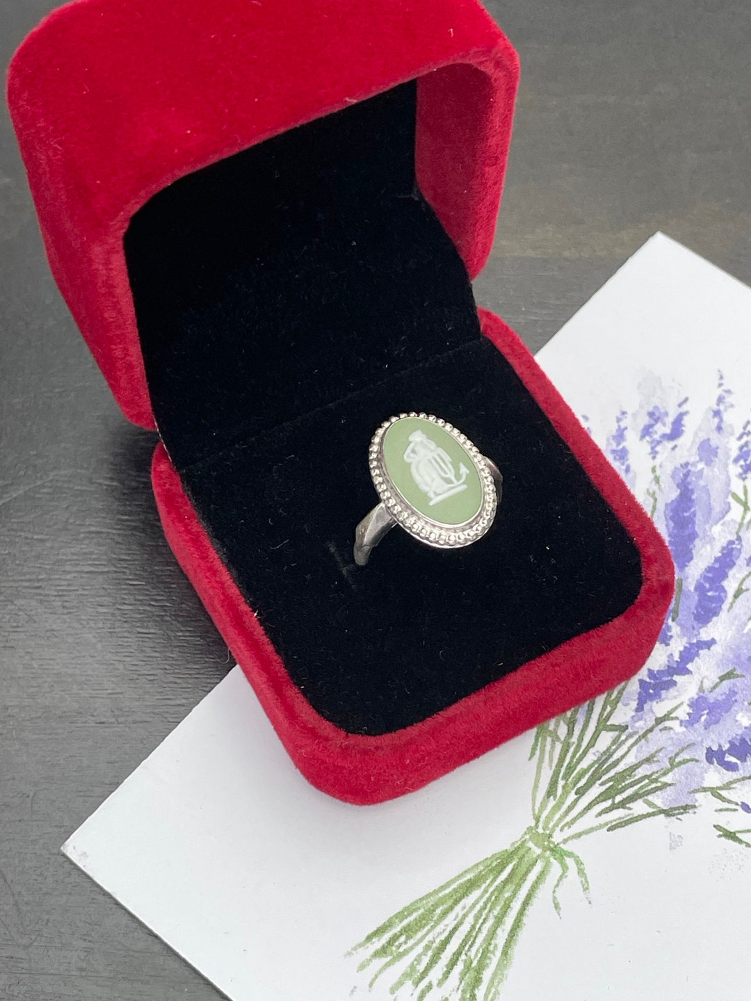 Vintage Wedgwood Ring Jasperware Green Porcelain Silver Ring Etsy