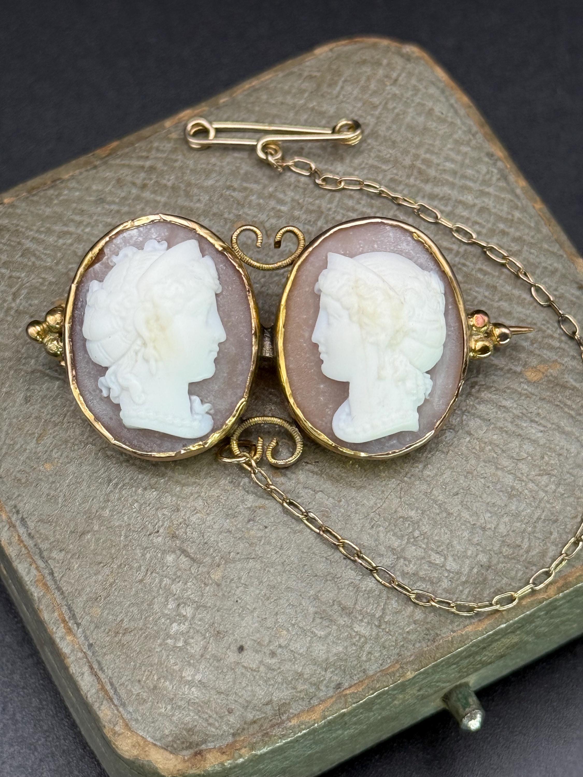 Antique Victorian 9k Gold Double Cameo Brooch, Hand-carved Mother