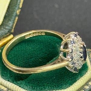 Vintage 9ct Gold Sapphire and Diamond Cluster Ring, London Hallmarked 375 Solid Gold Ornate image 5
