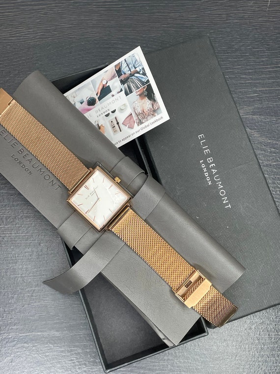 Vintage Elie Beaumont Rose Gold Mesh Watch, Square Face (Boxed)
