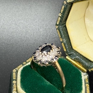 Vintage 9ct Gold Sapphire and Diamond Cluster Ring, London Hallmarked 375 Solid Gold Ornate image 4