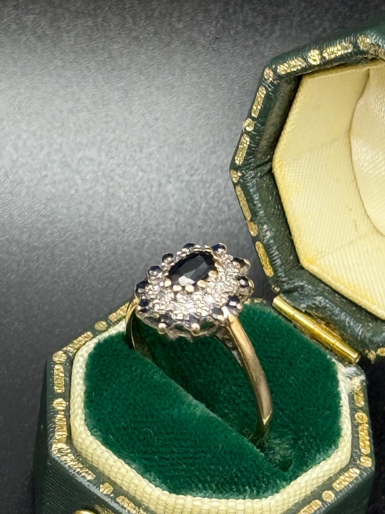 Vintage 9ct Gold Sapphire and Diamond Cluster Ring, London Hallmarked 375 Solid Gold Ornate image 4